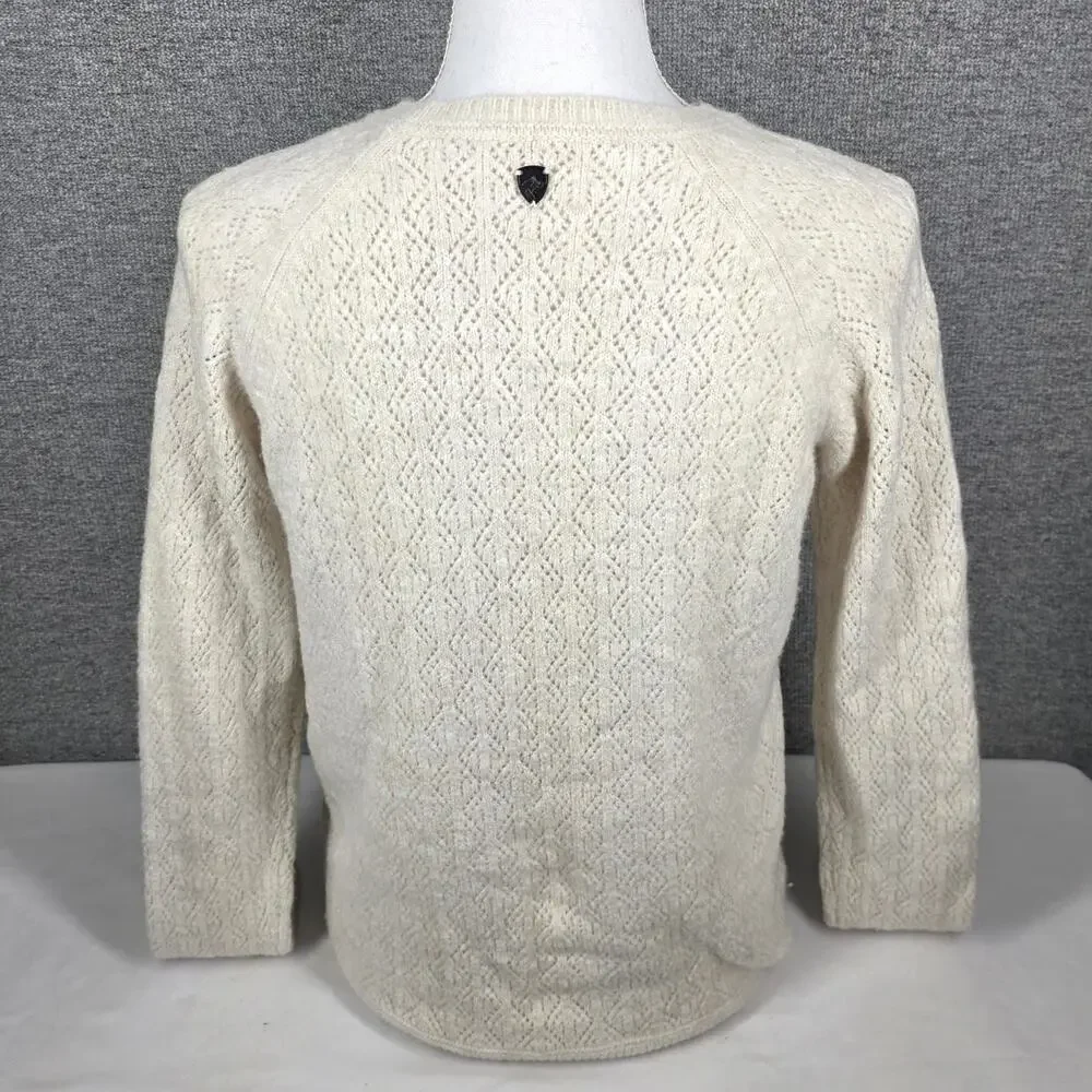 KUHL WOMEN'S CREAM KNIT SWEATER – SIZE SMALL – DIAMOND OPENWORK – WOOL BLEND